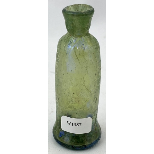 173 - FREEBLOWN APOTHECARY GLASS VIAL. 3.1ins tall. Green tinged aqua. Very crude, flared base area, short... 