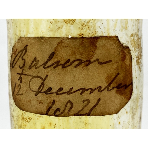 177 - FREEBLOWN LABELLED PHARMACY BOTTLE. 6.4ins tall. Thin lead glass tinged with the thick treacle like ... 