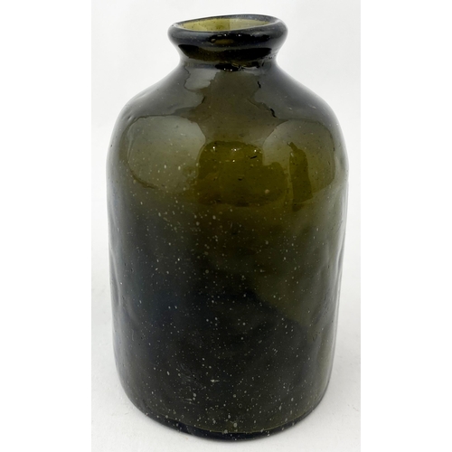 178 - FREEBLOWN UTILITY BOTTLE. 3.6ins tall. Superb squat very small black glass/ dark green form, crudely... 