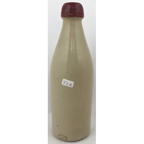 201 - STRICHEN PINK LIPPED GINGER BEER. 9ins tall, ch., blob top. Shiny dark pink lip, all white body. Str... 