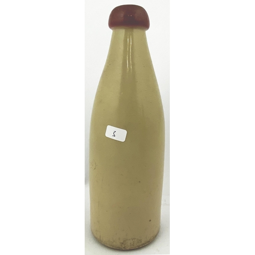 202 - PETERHEAD & STRICHEN GINGER BEER BOTTLE. 8.5ins tall, ch. all white, pink lip, brown transfer FAMED ... 