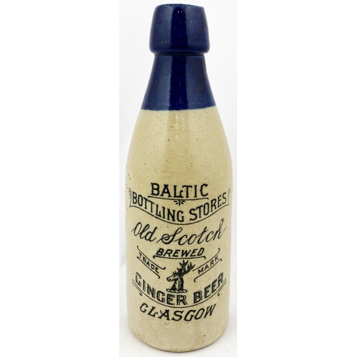 207 - GLASGOW GINGER BEER BOTTLE. 8.6ins tall, ch., blue top,. BALTIC BOTTLING STORE / OLD SCOTCH / GLASGO... 