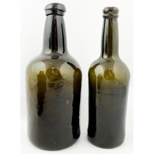 309 - BLACK GLASS WINE GROUP. Tallest 10ins. Dark olive green/ amber. Base pontil, 1 embossed PATENT to sh... 