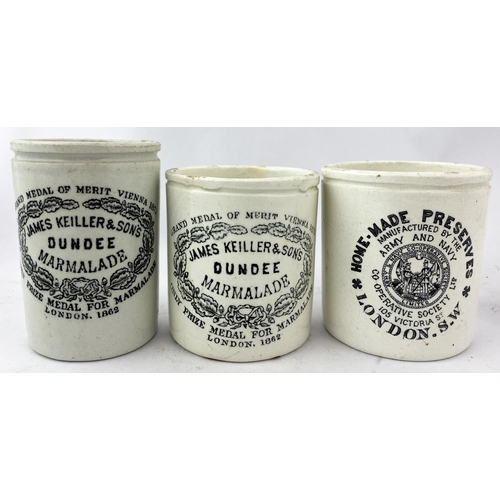 310 - DUNDEE MARMALADE JAR DUO plus Army & Navy.  Tallest 4.25ins. JAMES KEILLER & SONS + COOP LONDON. Hai... 