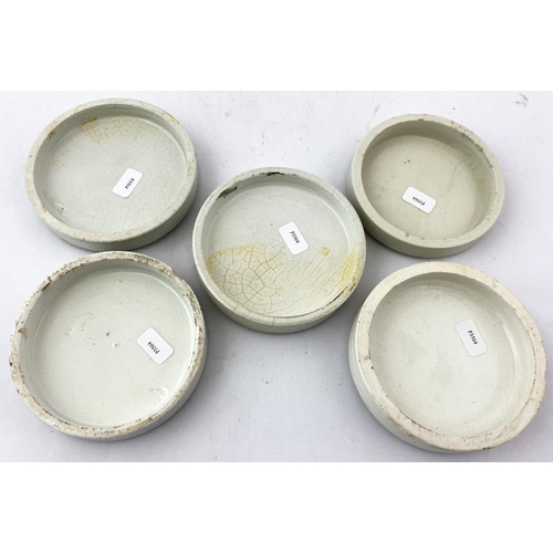 311 - BURGESSS POT LID GROUP. Largest 3.5ins. Slight various design to centre of lids. All Anchovy Paste. ... 