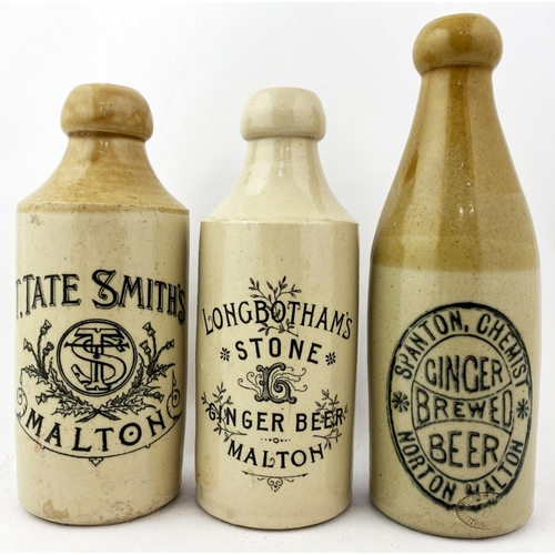 314 - MALTON GINGER BEER TRIO. Tallest 8ins. T.t, 1 all white. TATE SMITH, SPANTON CHEMIST + LONGBOTHAMS. ... 