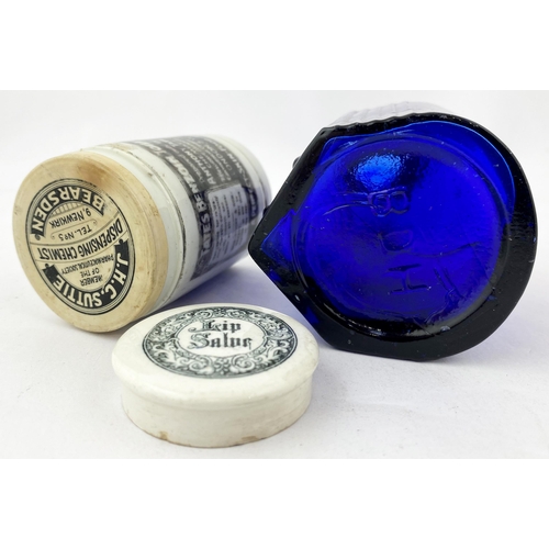 333 - NOBNAIL POISON & others. Largest 3.5ins. Cobalt blue poison, Benzoin toilet cream pot & Lip Salve po... 