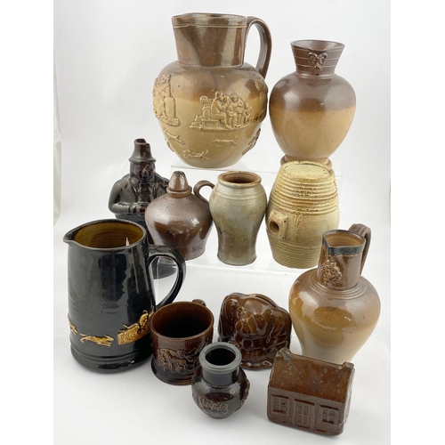 351 - DOULTON LAMBETH GROUP plus others. Largest 8.5ins. Variety of stoneware/ pottery, sprigged jugs, fla... 