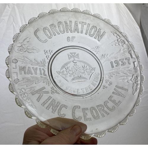 448 - CORONATION GLASS DUO. Largest 10ins wide. Clear stippled textured glass. KING GEORGE 1937. (2)