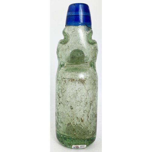 575 - SMETHWICK RELIANCE PATENT CODD BOTTLE. 7ins tall. Aqua glass embossing pic. t.m. to centre. Blue lip... 