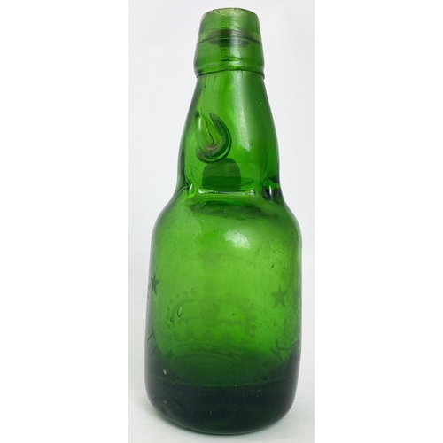 576 - NARROW NECK ACID ETCHED DUMPY CODD BOTTLE. 7.5ins. Green, acid etched crown & stars t.m, to rear PAT... 