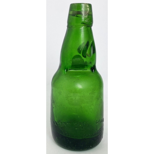 576 - NARROW NECK ACID ETCHED DUMPY CODD BOTTLE. 7.5ins. Green, acid etched crown & stars t.m, to rear PAT... 