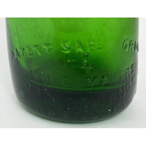 576 - NARROW NECK ACID ETCHED DUMPY CODD BOTTLE. 7.5ins. Green, acid etched crown & stars t.m, to rear PAT... 