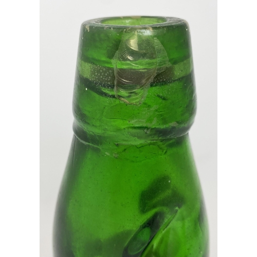 576 - NARROW NECK ACID ETCHED DUMPY CODD BOTTLE. 7.5ins. Green, acid etched crown & stars t.m, to rear PAT... 