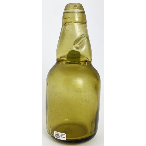 577 - NARROW NECK DUMPY CODD BOTTLE. 7.25ins. Amber, embd CODDS PATENT/ 4/ RYLANDS & CODD/ BARNSLEY. Body... 