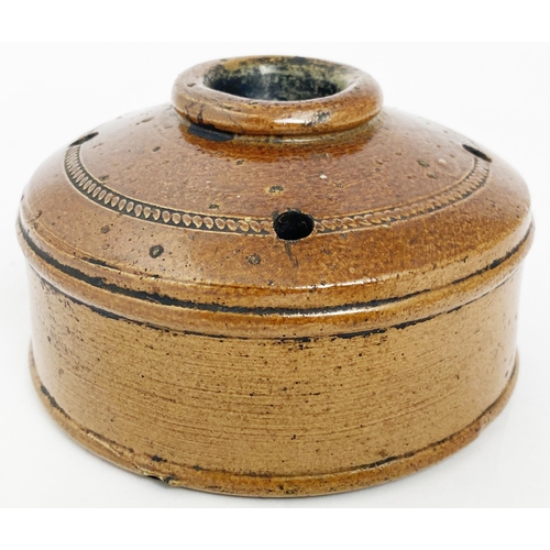 584 - RAILWAY IMPRESSED INK. 4.5ins diam. Salt glaze impd ink, L & N W R, wheeled design to top inkwell t... 