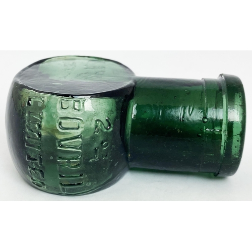 587 - 2OZ BOVRIL JAR. 3ins tall. Forest green, embossed 2 sides. 2OZ/ BOVRIL/ LIMITED/ 215. Minor undersid... 