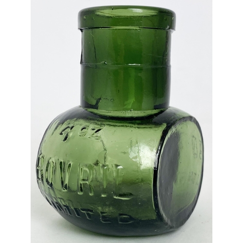 588 - 4OZ BOVRIL JAR. 3.25ins tall. Lime green, embossed to 2 sides. 4OZ/ BOVRIL/ LIMITED/ HG224. Minor un... 