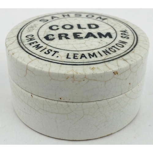 595 - LEAMINGTON SPA POT LID & BASE. 2.75ins diam. SANSOM/ COLD/ CREAM. Repair to word CREAM, crazing.