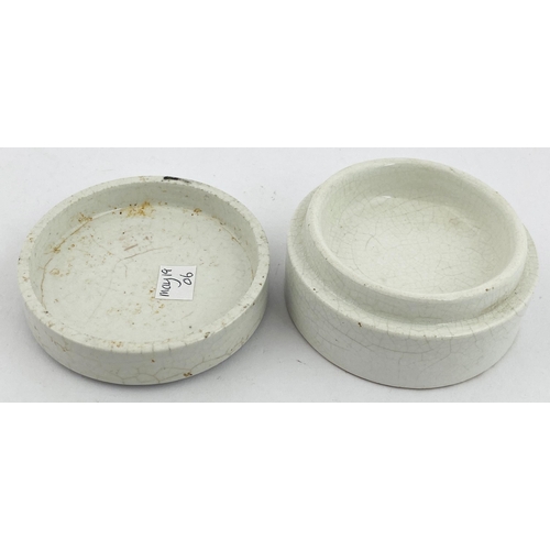 595 - LEAMINGTON SPA POT LID & BASE. 2.75ins diam. SANSOM/ COLD/ CREAM. Repair to word CREAM, crazing.