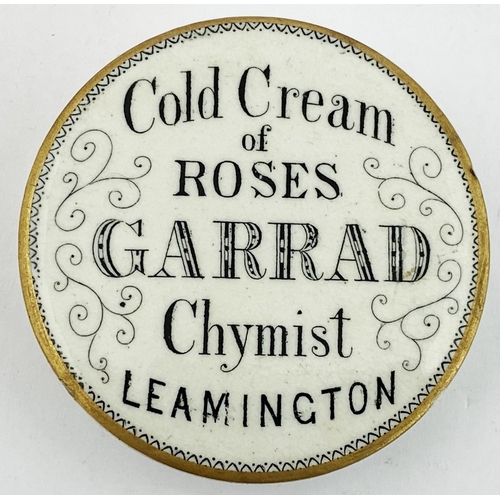 597 - LEAMINGTON DUO. Largest 2.75ins. COLD CREAM/ OF/ ROSES/ GARRAD/ CHYMIST, gold outer band plus ANTISE... 