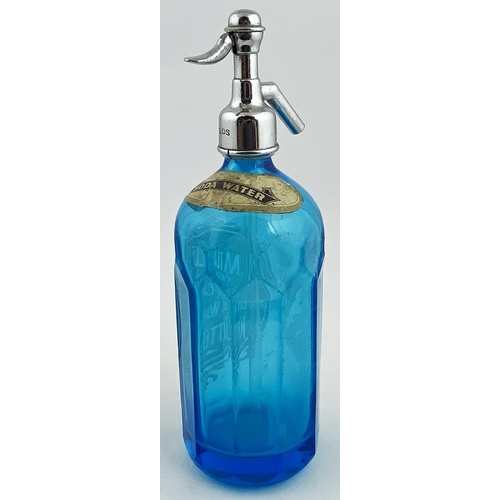 603 - KETTERING SODA SYPHON. 12ins tall. Bright blue glass, acid etched MILLER/ & CHILDS. Paper label & tr... 