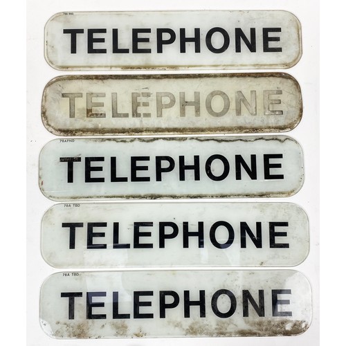 471 - GLASS TELEPHONE SIGNS. 5.5 x 24.5ins. 5 glass printed period panels. Minor damage. (5)