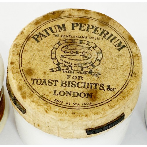 404 - PAPER LABELLED POT LID & BASE TRIO. Largest 1.5ins. Patum Peperium for toast & biscuits,G Rowney & C... 