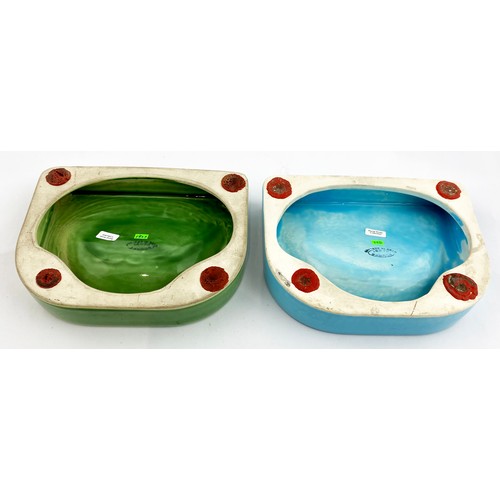 406 - BOURNE DENBY ASHTRAY DUO. 7 x 5.5ins. Pottery ashtrays, embossed lettering, PLAYERS PLEASE/ ITS THE ... 