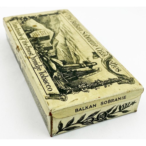 411 - BALKAN SOBRANIE CIGARETTE BOX DUO. Largest 6 x 4ins. Off white, black transfer, underside paper labe... 