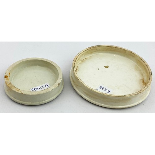 412 - POT LID DUO. Largest 3.75ins. Black & white lids. Holloways ointment 4s 6d & S Maw Son & Thompson. D... 