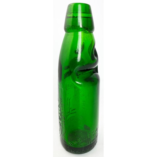 507 - SCARBORO & WHITBY GREEN CODD. 7.5ins tall. Emerald green glass, heavily embossed. Inner lip damage.