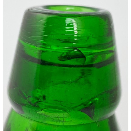 507 - SCARBORO & WHITBY GREEN CODD. 7.5ins tall. Emerald green glass, heavily embossed. Inner lip damage.