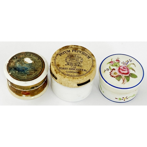 404 - PAPER LABELLED POT LID & BASE TRIO. Largest 1.5ins. Patum Peperium for toast & biscuits,G Rowney & C... 