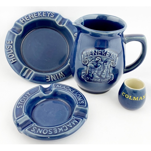 408 - BOURNE DENBY PUB GROUP. Largest 5.5ins. Blue glaze, embossed. 2 ashtrays HENEKEYS & MACKESONS, HENEK... 