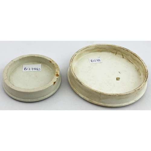 412 - POT LID DUO. Largest 3.75ins. Black & white lids. Holloways ointment 4s 6d & S Maw Son & Thompson. D... 