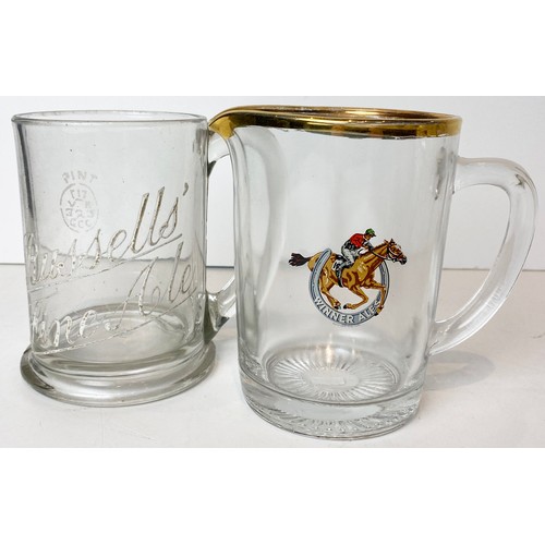 421 - GLASS PUB JUG GROUP. Tallest 5.5ins. Acid etched, - multicoloured transfer. RUSSELLS/ FINE ALE & WIN... 