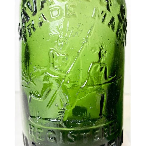 428 - PICTORIAL BEERS GROUP. Tallest 10ins. Green glass, heavily embossed: MANSFIELD, MANCHESTER, LEEDS & ... 