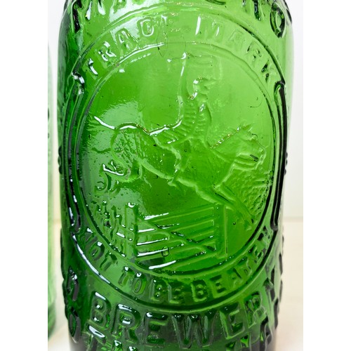 428 - PICTORIAL BEERS GROUP. Tallest 10ins. Green glass, heavily embossed: MANSFIELD, MANCHESTER, LEEDS & ... 