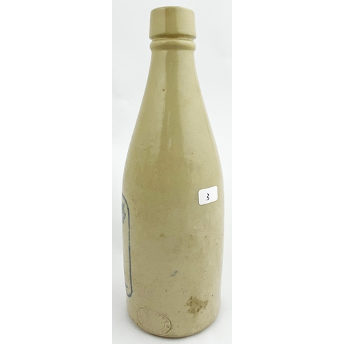 18 - GLASGOW GINGER BEER BOTTLE. 8.7ins tall, stumpy ch. shape, all white, blue transfer, chisel cork lip... 