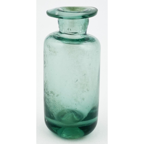 31 - FREE BLOWN APOTHECARY PHIAL. 2.4ins tall, striking aquamarine colour cylindrical phial with large fl... 