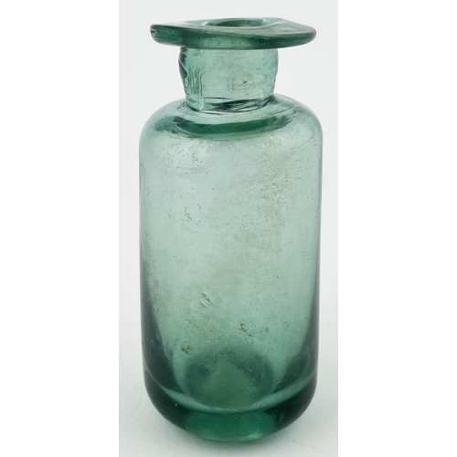 31 - FREE BLOWN APOTHECARY PHIAL. 2.4ins tall, striking aquamarine colour cylindrical phial with large fl... 