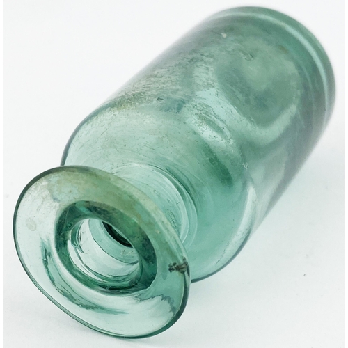 31 - FREE BLOWN APOTHECARY PHIAL. 2.4ins tall, striking aquamarine colour cylindrical phial with large fl... 