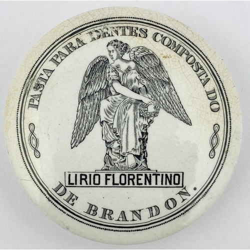 51 - DE BRANDON POT LID. 3.5ins diam. Black transfer. PASTA PARA DENTES COMPOSTA DO. With angel pict to c... 