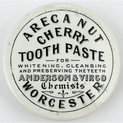 55 - WORCESTER CHERRY TOOTH PASTE POT LID. 3ins diam. Black transfer. ARECA NUT/ ANDERSON & VIRGO. Pin ho... 