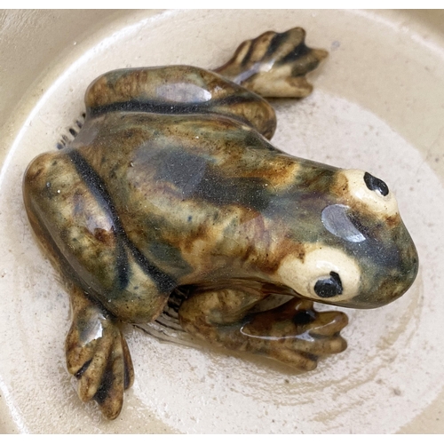 121 - BOURNE DENBY LOVING CUP TRIO, TWO WITH FROG INSERTS. 5.9ins tall, t.t. - red brown top, lower cream/... 