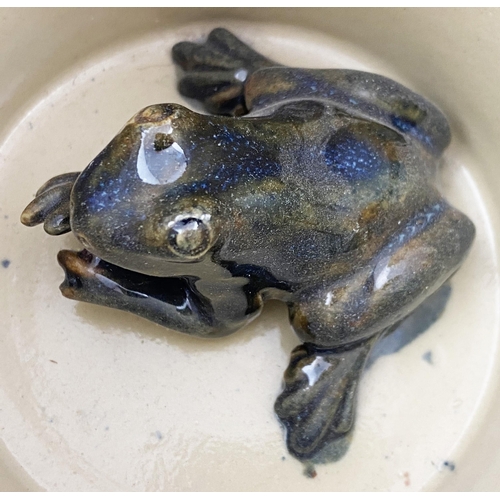121 - BOURNE DENBY LOVING CUP TRIO, TWO WITH FROG INSERTS. 5.9ins tall, t.t. - red brown top, lower cream/... 