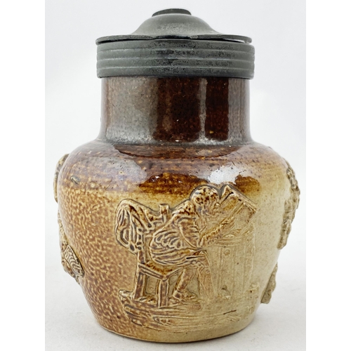 122 - SALT GLAZED JUG. 3.6ins tall. A truly delightful small size sprigged t.t. salt glazed jug with pewte... 