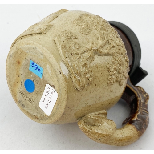 122 - SALT GLAZED JUG. 3.6ins tall. A truly delightful small size sprigged t.t. salt glazed jug with pewte... 