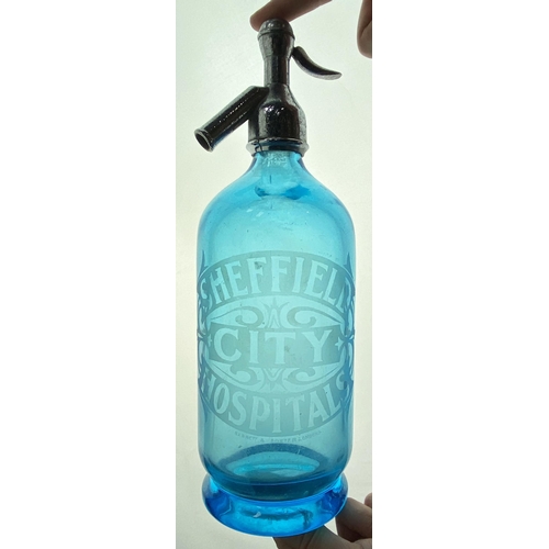 131 - SHEFFIELD HOSPITAL SODA SYPHON. 11.8ins tall., shiny (worn) top light blue footed. Acid etched boldl... 